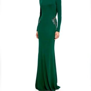 Badgley Mischka Emerald Long Sleeve Maxi Draped Back Beaded Gown